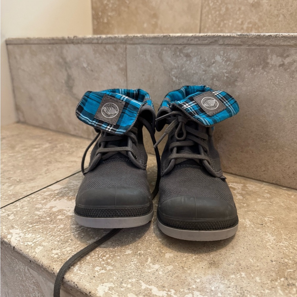 Palladium Kids Gray Boots with Blue Plaid Detail